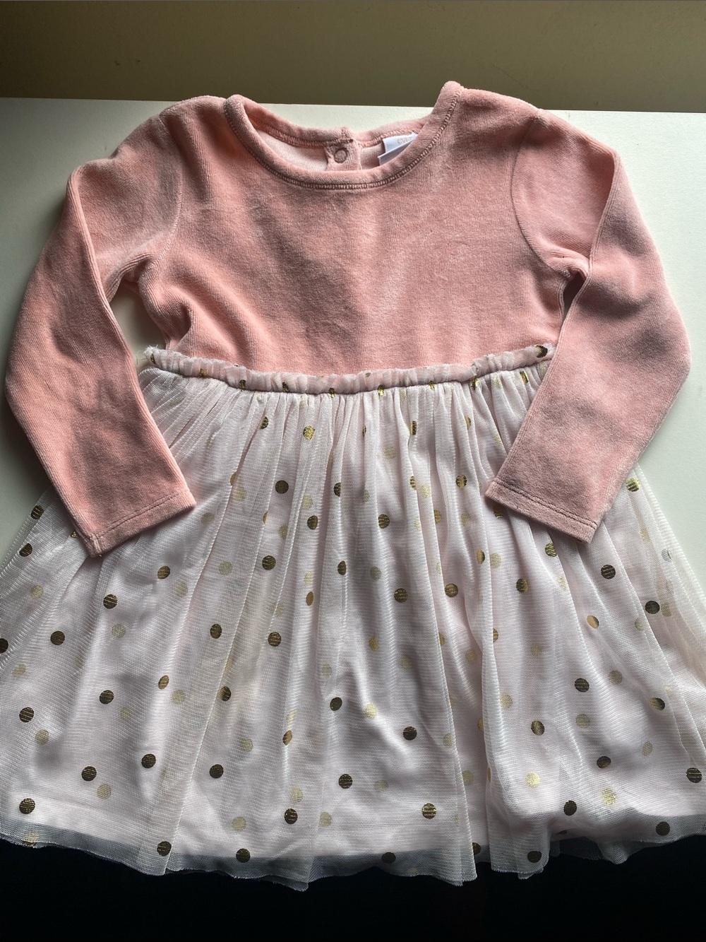 Girls' Pink Long-Sleeve Polka Dot Tulle Dress